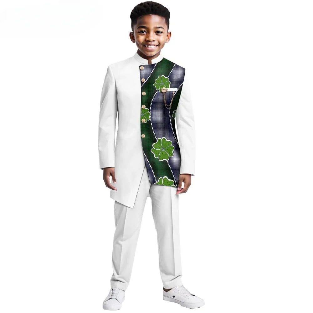 African Patterned Children's Elegant Suit Set 2 Pieces For Formal Occasion,Stylish Smart Boys Tuxedo Sets Wedding Outfit XS-XXL
