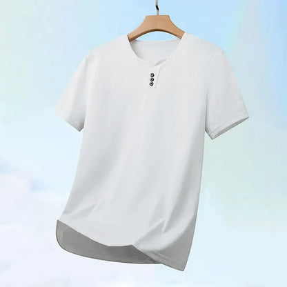 2026 New Men's Business Casual Three Button V-neck Short Sleeved T-shirt Korean Style Summer Comfortable Versatile Top