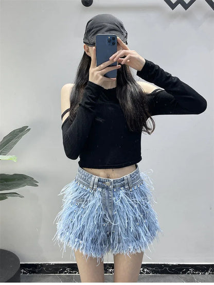 Summer Street Hot Girls Short Jeans Female Chic Feather Diamond Denim Shorts Women Retro Washed Hot Pants Sexy Night Club Shorts