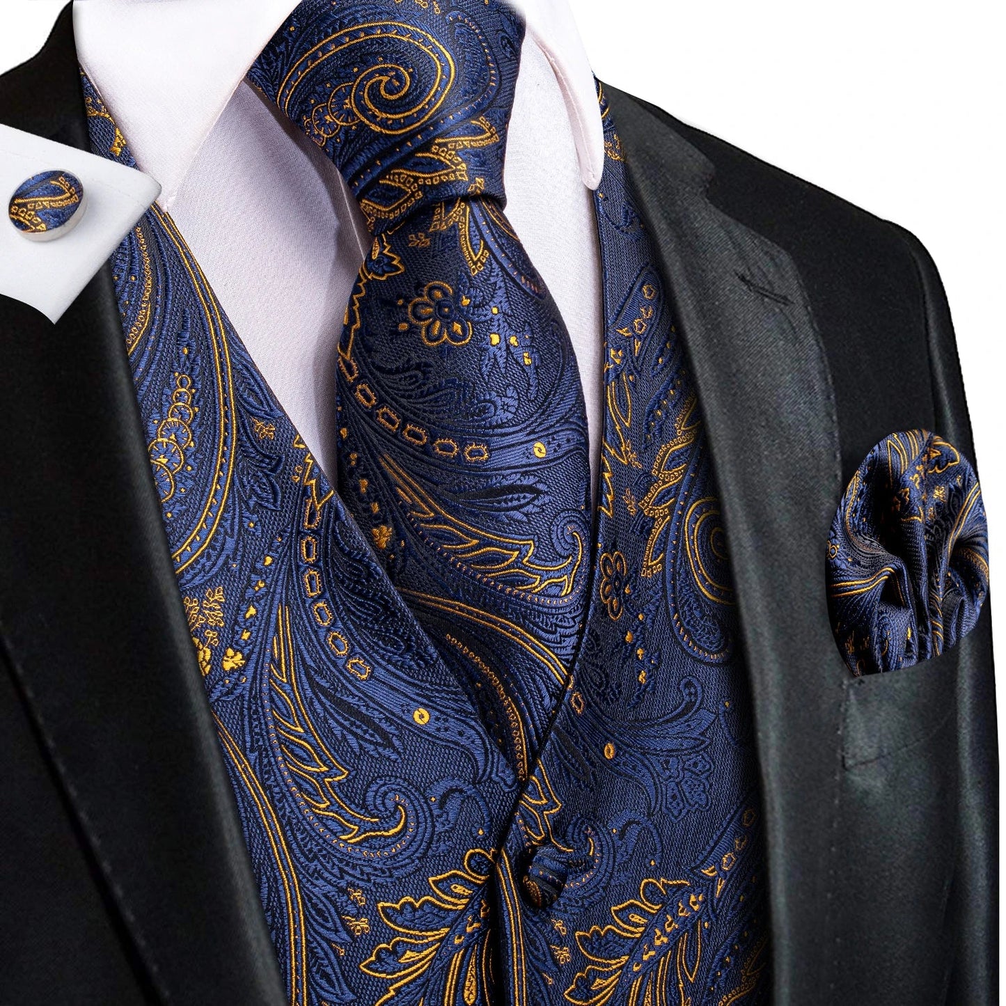Jacquard Silk Mens Waistcoat Tie Set Sleeveless Jacket Necktie Hanky Cufflinks Suit Gold Blue Black Vest Wedding Business