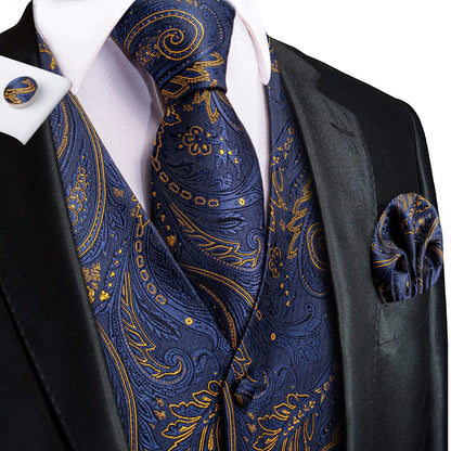 Jacquard Silk Mens Waistcoat Tie Set Sleeveless Jacket Necktie Hanky Cufflinks Suit Gold Blue Black Vest Wedding Business