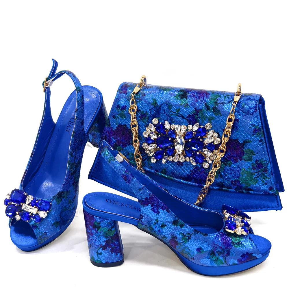 Italian Sandals and Bags Matching Set 2024 Women Heel Party for Gold Colour Wedding Bigger Size Thick Heel Shoes