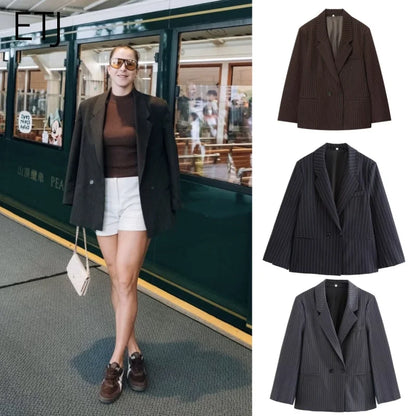 Fall/Winter 2025 New  Women's Street Fashion oversized pinstripe shoulder-padded loose suit jacket for women