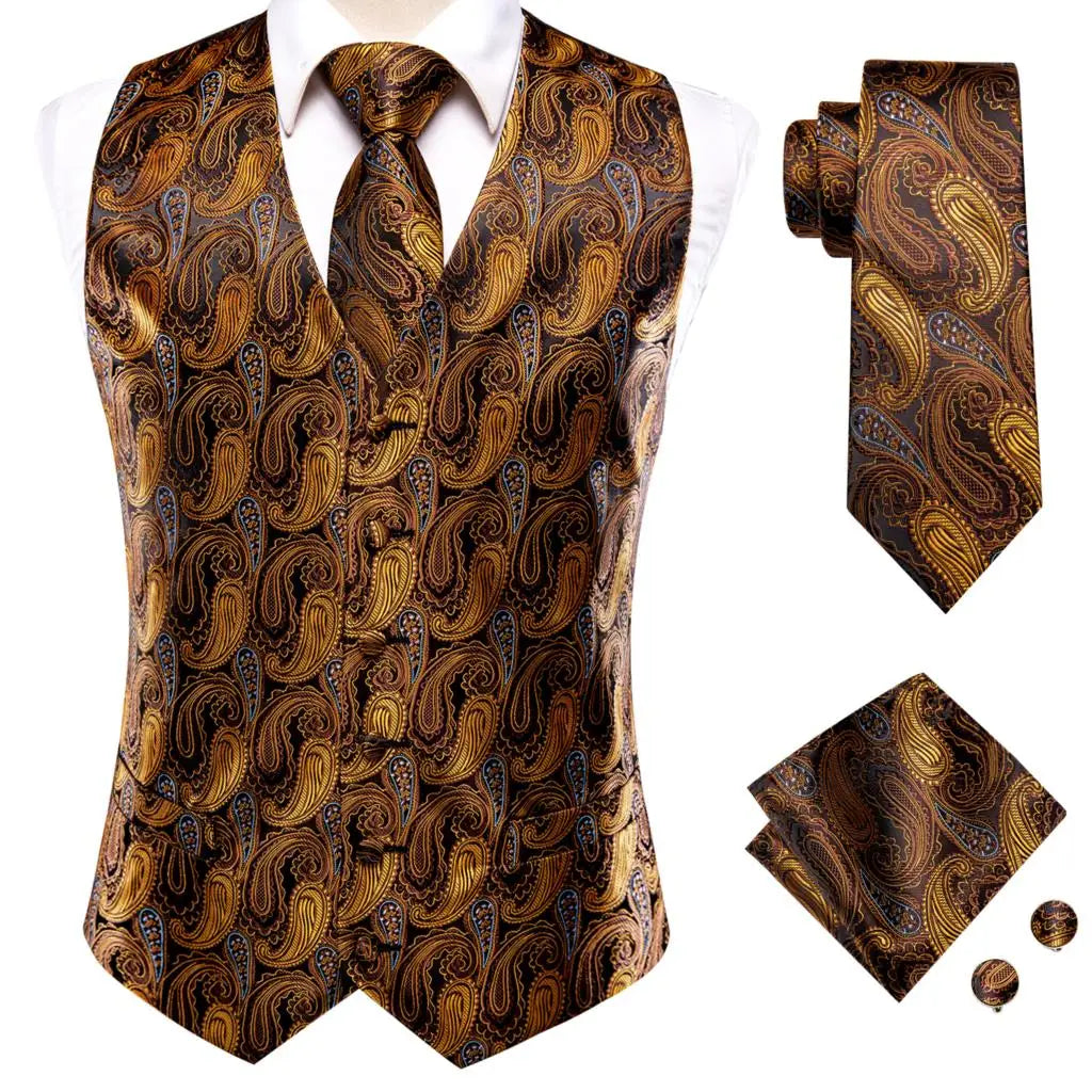 Hi-Tie Black Luxury Paisley Men's Vest Set Hanky Cufflinks For Wedding 100% Silk Vest For Men Gold Waistcoat Yellow Classic Vest