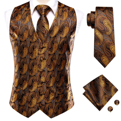 Hi-Tie Black Luxury Paisley Men's Vest Set Hanky Cufflinks For Wedding 100% Silk Vest For Men Gold Waistcoat Yellow Classic Vest