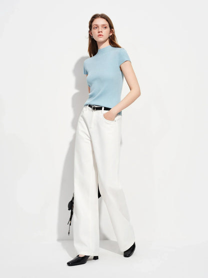 2026 Spring Women's Semi-High Neck Solid Wool Knit Sweater - Slim Fit Short Sleeve Simple Top for Casual Office Wear