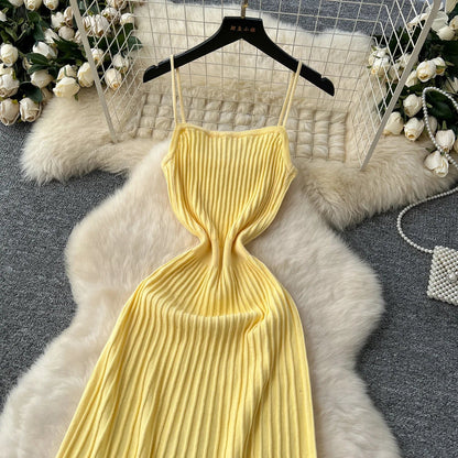 Knitted Pleated Long Dress High Waist Midi Sling Dress Elegant Sleeveless Yellow Dress Women Streetwear Black Bodycon Dress