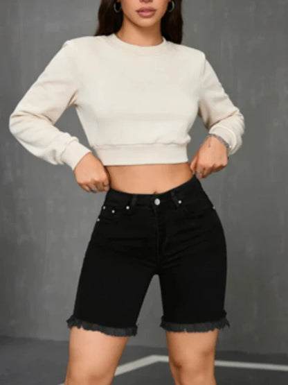 Women's Black Denim Bermuda Shorts High Waist  Rivet Buttons Design 5 Inch Knee Length Casual Summer Streetwear Jean Shorts