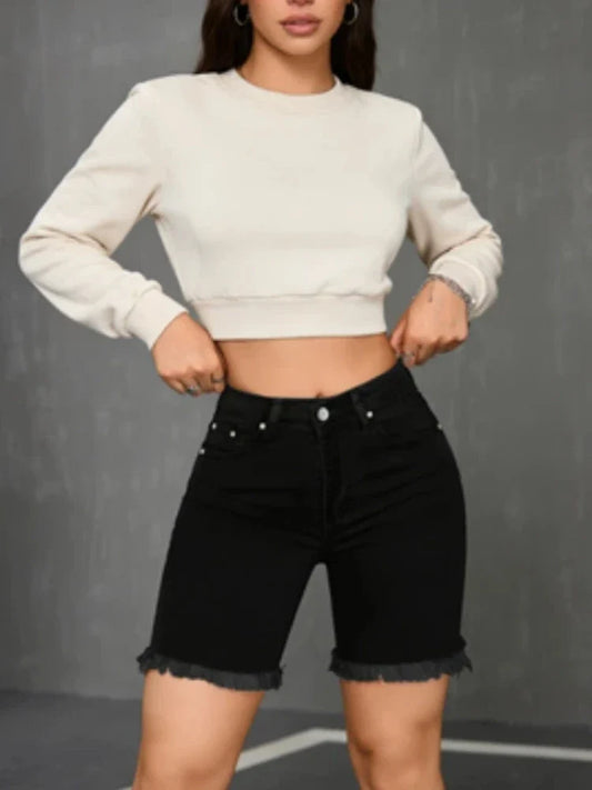 Women's Black Denim Bermuda Shorts High Waist  Rivet Buttons Design 5 Inch Knee Length Casual Summer Streetwear Jean Shorts