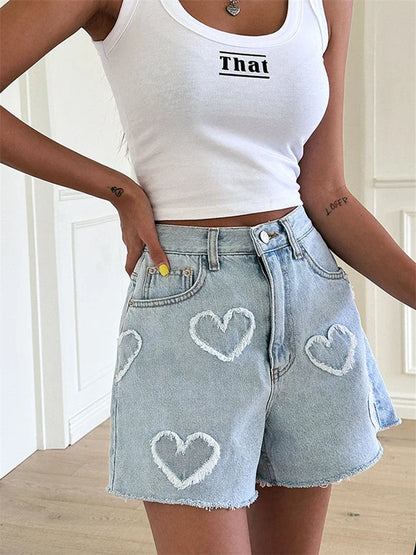 High Waist Washed LOVE Printed Women's Denim Shorts 2024 New Spring Summer Casual Jeans Chic Straight Pants Female