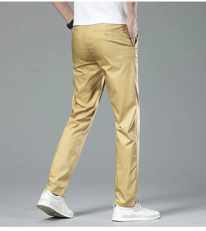New Summer Cosy Soft Bamboo Fiber Straight Suit Pants Men Business Stretch Thin Navy Blue Casual Trousers Male Large Size 40 42