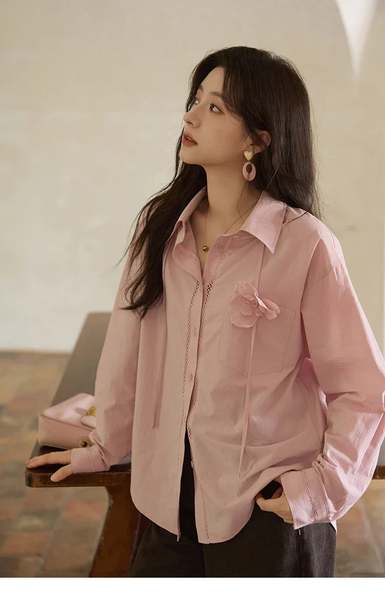 100% Cotton Shirt For Women Autumn 2025 New Fashion Petal Ribbon Button Long Sleeves Shirt Women's Clothing MXE41C2349