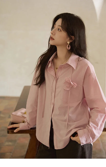 100% Cotton Shirt For Women Autumn 2025 New Fashion Petal Ribbon Button Long Sleeves Shirt Women's Clothing MXE41C2349