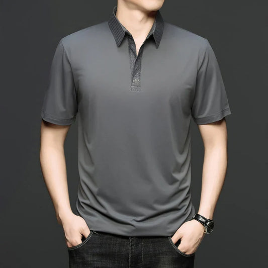 Fashion V-neck short sleeve T-shirt men's summer solid color silky smooth breathable personalized jacquard buttonless polo shirt