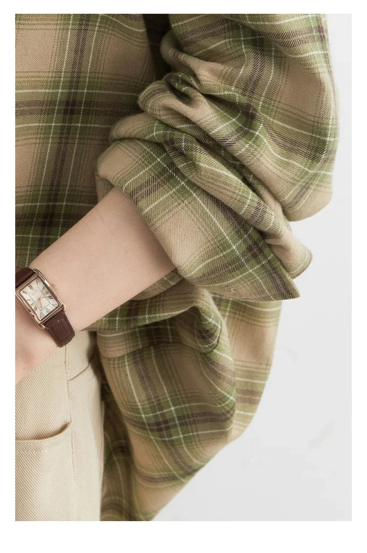Women Shirts Loose Casual New Sanding Plaid Shirt Long Sleeve Medium Long Length Blouses Female Tops Spring Autumn 2025