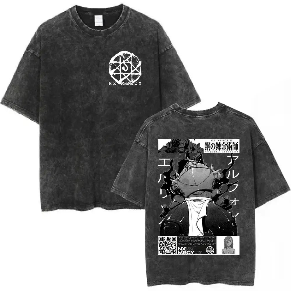 Anime Fullmetal Alchemist Washed T Shirts Edward Elric Alphonse Elric T-Shirt Men's Women Fashion Casual Oversized T-shirts Tops
