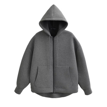 2026 Casual Women's Soild Zipper Hoodie Long Sleeve Big Pocket Zipper Jacket With Hood Female Loose Outerwear Coat Tops