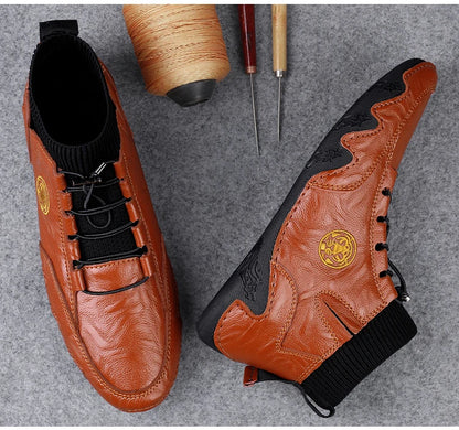 Men's Wear-resistant Boots Casual Classic Genuine Leather Handmade Shoes Ankle Round Toe Lace Up Walking Business Boot