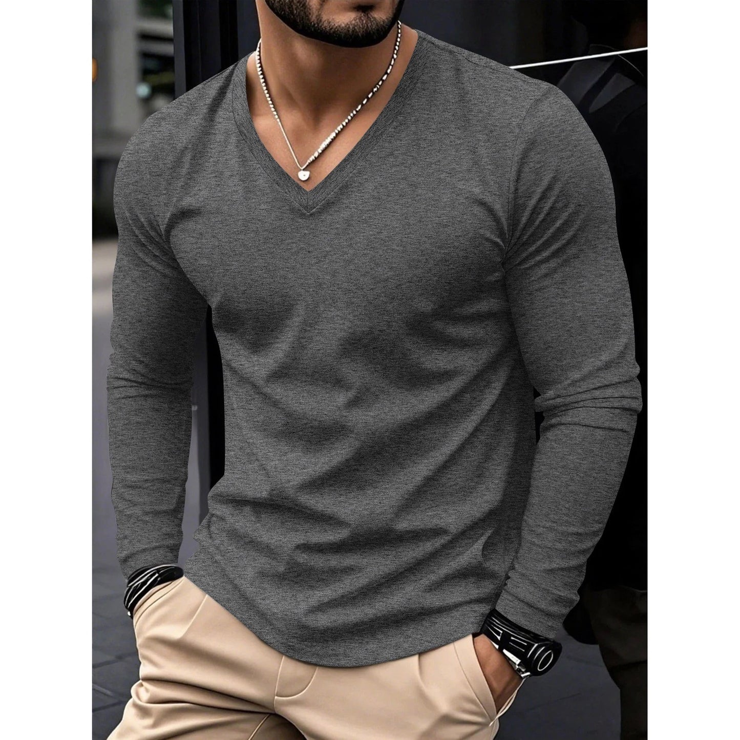 New Spring Autumn Style Everyday Wear Outdoor Sports Fashion Trendy Versatile Color Block V-neck Long Sleeve Men's Top