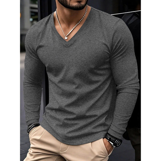 New Spring Autumn Style Everyday Wear Outdoor Sports Fashion Trendy Versatile Color Block V-neck Long Sleeve Men's Top