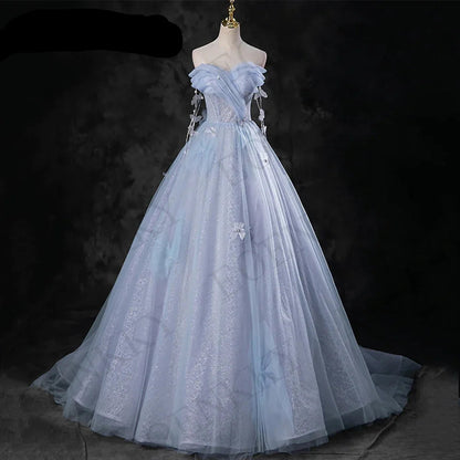 Blue Off Shoulder Princess Prom Dresses Celebrity A Line Pearls 3D Butterfly Evening Gown платье на выпускной Customized