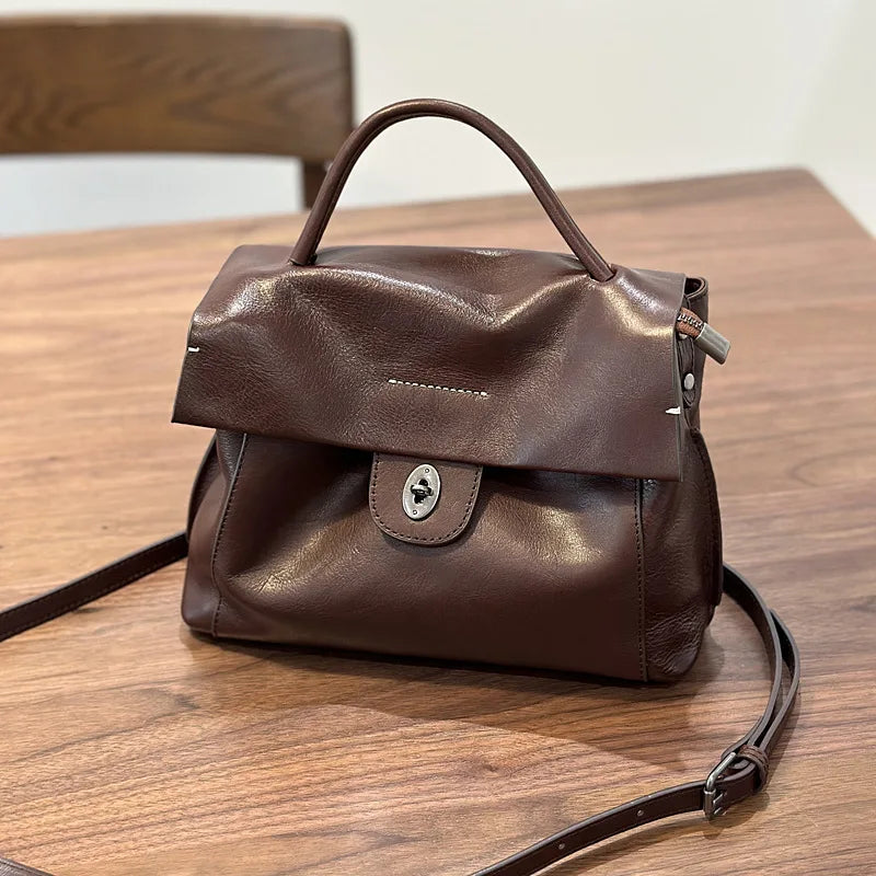 2026 Autumn New Handmade Retro Genuine Leather Women's Bag Versatile Soft Cowhide Solid Color Shoulder Crossbody Bags