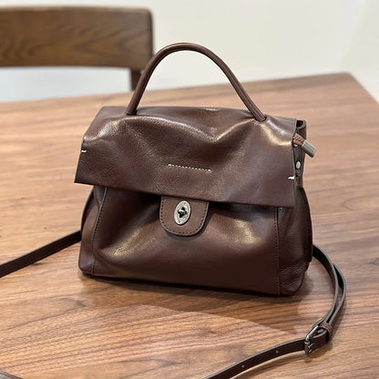 2026 Autumn New Handmade Retro Genuine Leather Women's Bag Versatile Soft Cowhide Solid Color Shoulder Crossbody Bags