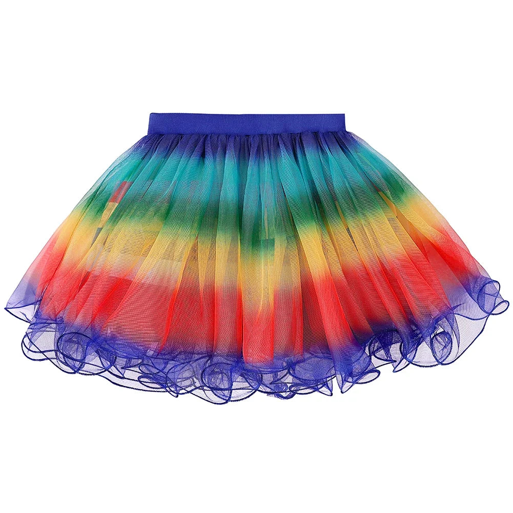 Girls Rainbow Striped T-Shirt Tutu Skirt With Cat Ears Headband Set Halloween Carnival Cosplay Costume Kids Birthday Clothing