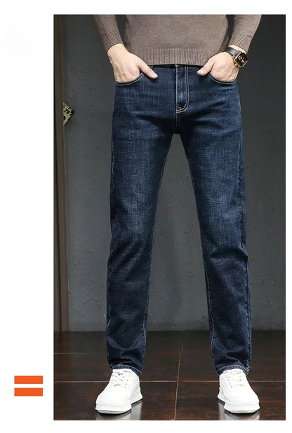 Winter Thickened Warm Male Plush Trousers Brand Clothes Men's Fleece Jeans Straight Slim Stretch Fashion Business Denim Pants