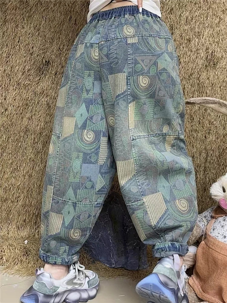 Printed Spring Patchwork Womens 2025 Harem Trousers Vintage Females Fashion Loose Leisure Denim Pants Classic Jeans