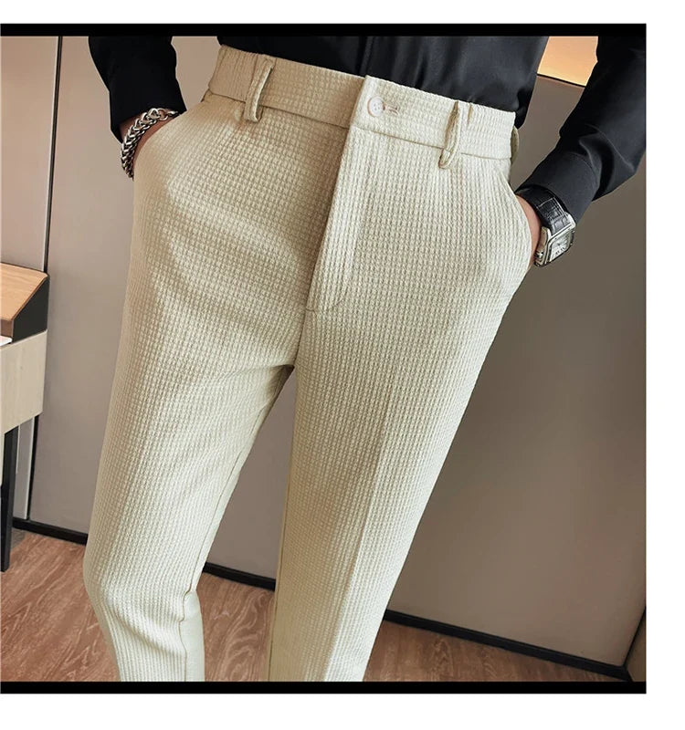 Men's Waffle Casual Pants Fashion Korean Stretch Waist Business Formal Pants Mens Social Party Suit Pants Streetwear Pencil Pant