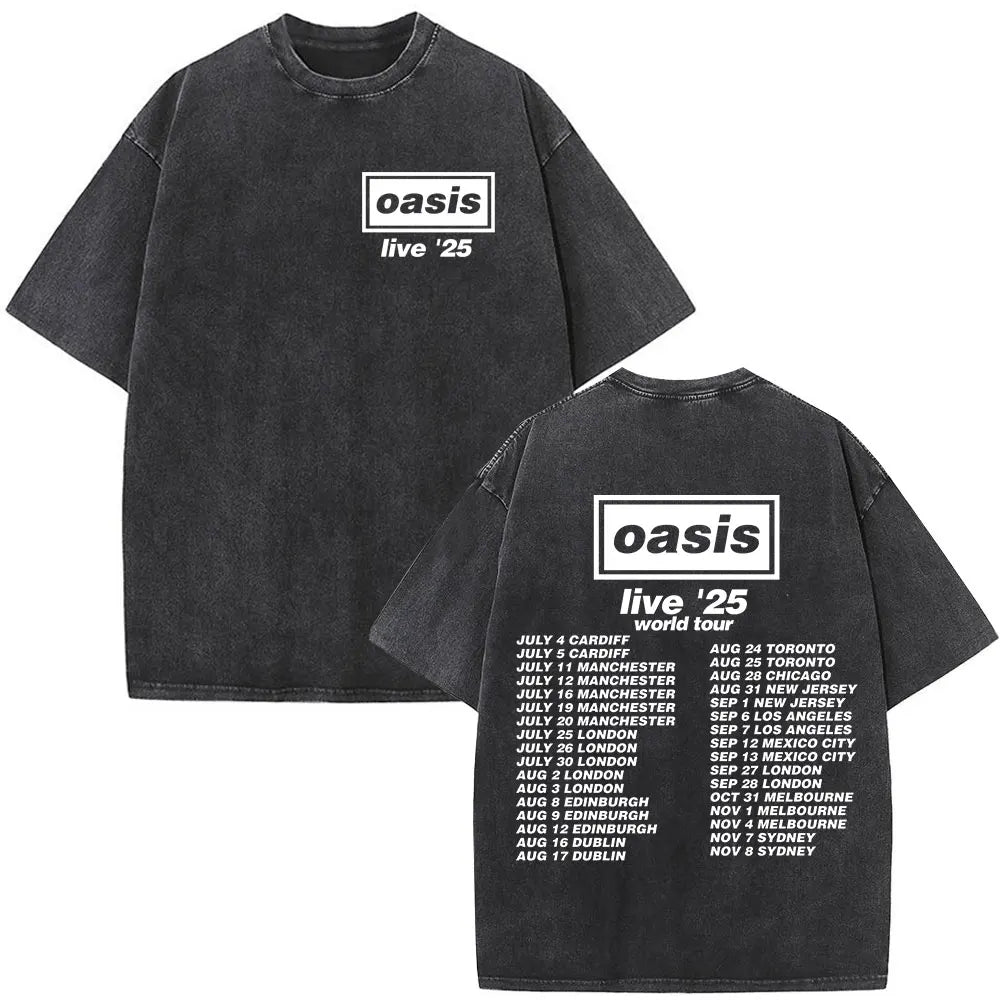 O-Oasis T-Shirts British Rock Band Vintage Washed T-shirt Men Women Clothing Cotton Casual Short Sleeve T Shirts Tops Streetwear