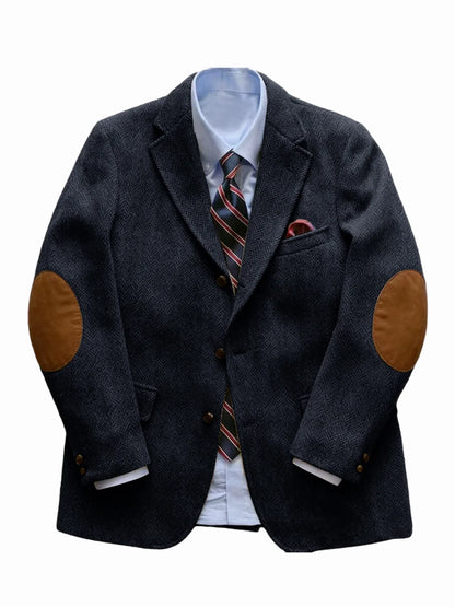 Men's Vintage Herringbone Tweed Blazer With Elbow Patch 2 Button Single Breasted Cotton Casual Slim Fit Business Jacket XS-7XL