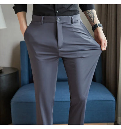 Mens Dress Pants Trousers 2025 Summer New Thin Breathable Solid Casual High Elastic Slim Fit Suit Pants Streetwear Men Clothing