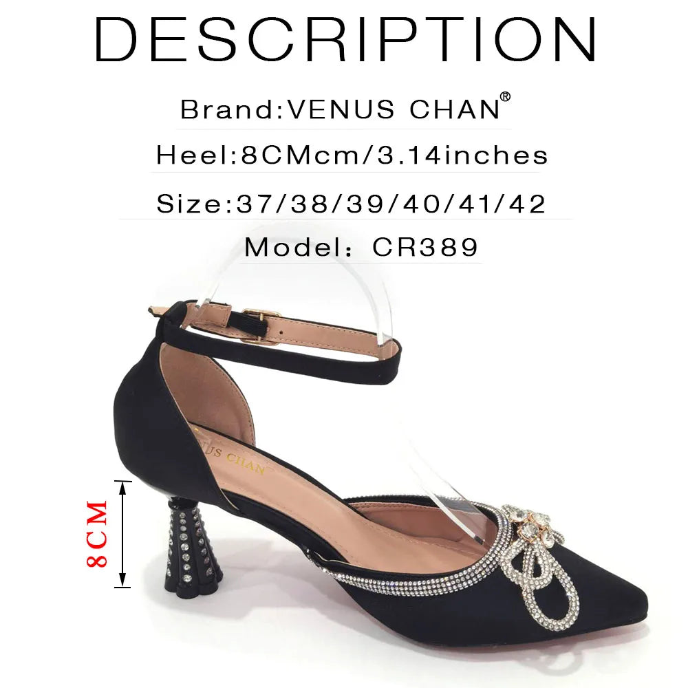 2023 Ladies Pointed-Toe Party High Heels Magenta Colour Bow Rhinestone Stereo Bag Evening  African Wedding Shoe And Bag Set