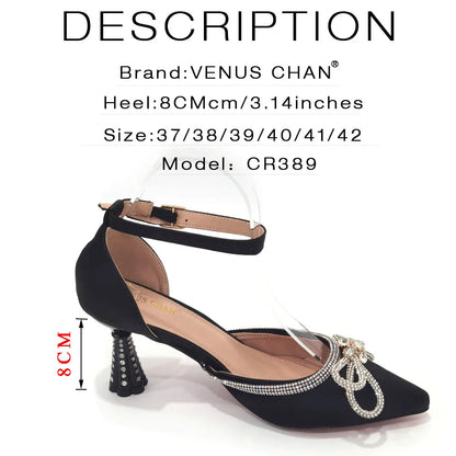 2023 Ladies Pointed-Toe Party High Heels Magenta Colour Bow Rhinestone Stereo Bag Evening  African Wedding Shoe And Bag Set