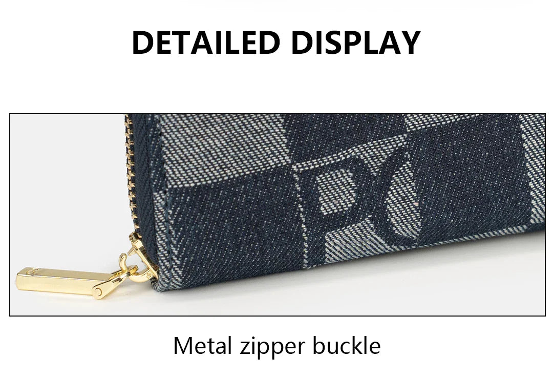 Women Handbag Chessboard Pattern Long Wear Resistant Denim Retro Large Capacity Multi Card Niche Luxury Versatile Wallet
