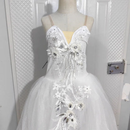 Long Ballet Tutu Skirts Blue 3d Flower Dress Performance Costumes Princess Dance Practice Romantic Dress