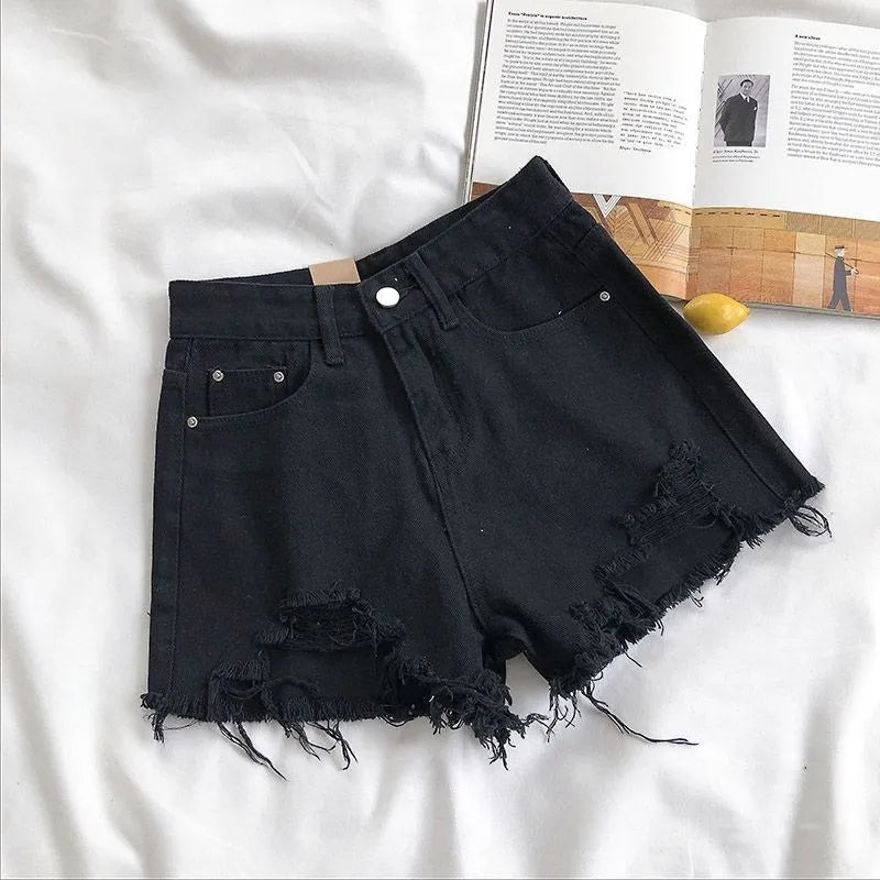 Korean Fashion Cowboy Shorts Women's Summer Casual High Waist Blue Denim Shorts Pocket Tassel Perforated Pants Y2K Female Jeans