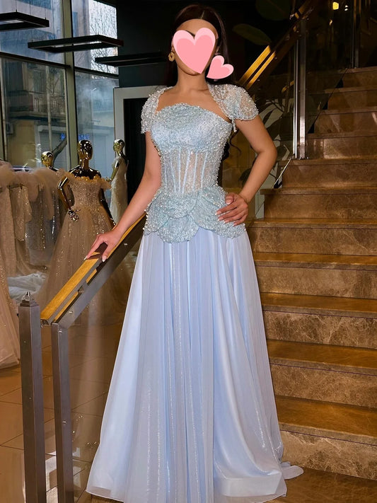 Dress Elegant Vintage Sweet Sky-Blue Pearls Lace A-Line Shiny Customize Formal Occasion Prom Dress Evening Party Gowns