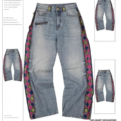 American Sle Zipper Plaid Printed Patchwork Loose Jeans For Men And Women Fashion High Waist Casual Vintage Straight Jeans