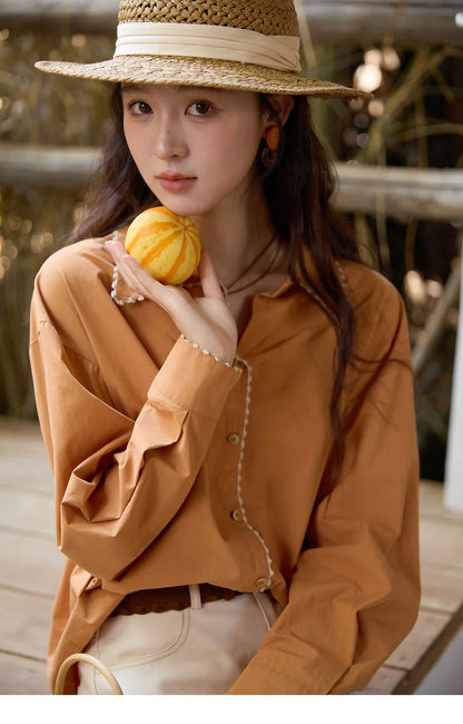 Women's 100% Cotton Shirt 2025 Autumn Korean Lapel V-neck Single Breasted Tops Lace Trim Shirts Office Lady MXE43C2377