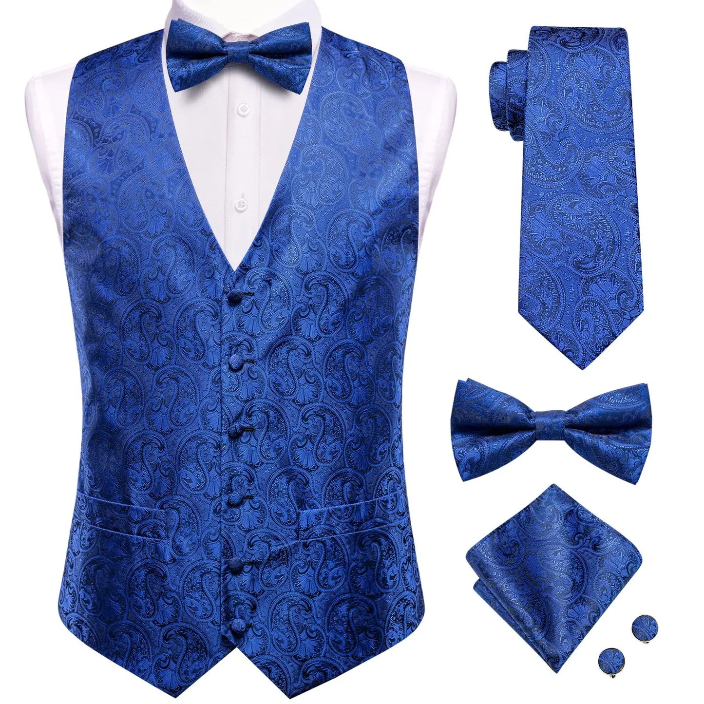 Luxury Silk Mens Vests Rose Gold Pink Striped Waistcoat Necktie Bowtie Hanky Cufflinks Set Waist Jacket For Men Wedding