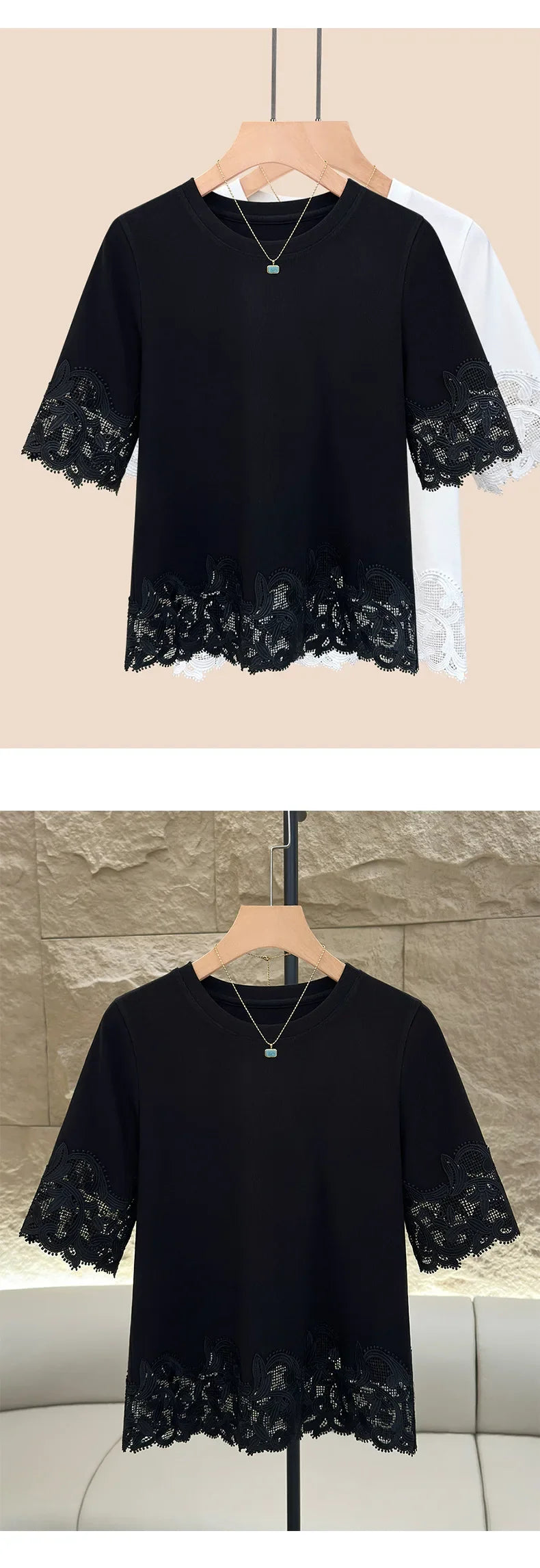 Women's Lace Trim Round Neck Short Sleeve T-Shirt 2025 Summer Slim Fit Casual Minimalist Solid Color Versatile Top