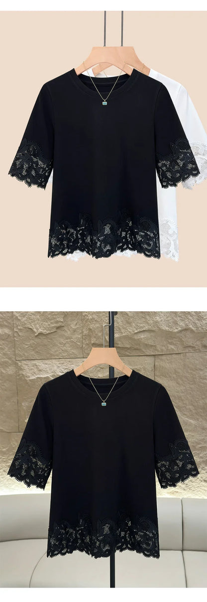Women's Lace Trim Round Neck Short Sleeve T-Shirt 2025 Summer Slim Fit Casual Minimalist Solid Color Versatile Top
