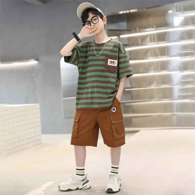 Stripes Children's Outdoor Clothes 4 Years Clothing Suit for Kids Boys Top Bottom Set Junior Shorts Summer Boy Child T-shirt 7 8