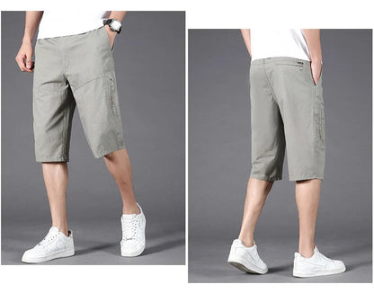Men's Cargo Shorts Casual Hiking Fishing Shorts Big Size Mens Fashion Zipper Pockets Drawstring Elastic Waist Short