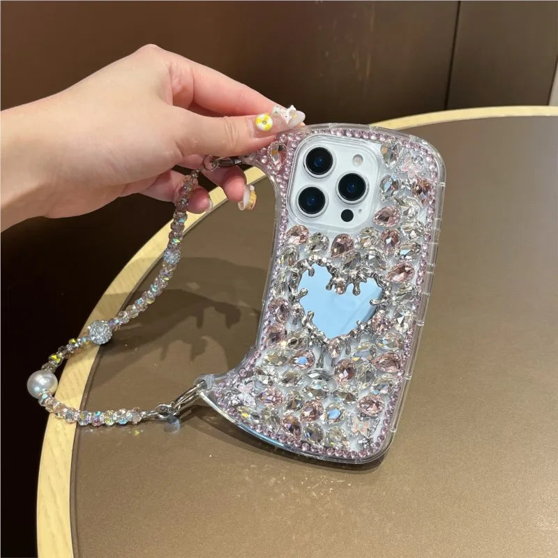 Luxury Bling Rhinestone Hand Bag with Mirror For iphone 17 pro max case 11 12 13 14 15 16 Pro Max Plus Phone Cases For 16 Pro