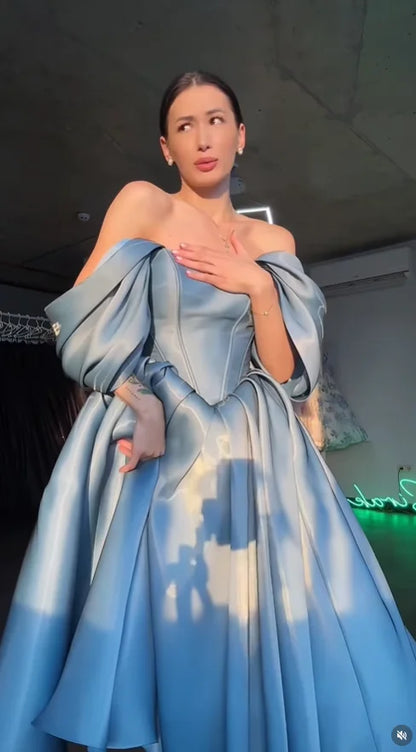 Princess Blue Long Evening Dresses Off The Shoulder A-Line Formal Prom Gowns Sweetheart Birthday Party Dresses Customized