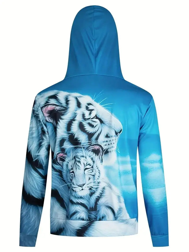 Men's 3D Tiger Graphic Hoodie, Active Slightly Stretch Breathable Hooded Sweatshirt For Outdoor 2023 Autumn and Spring Fashion